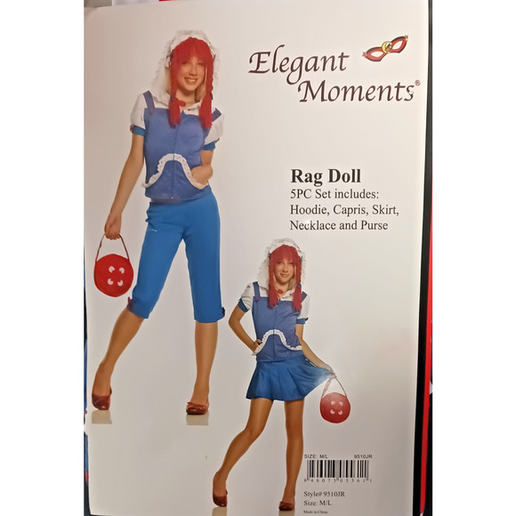 Elegant Moments Rag Doll Costume 5-Piece Set Hoodie Capris Skirt Purse Size M/L - Picture 2 of 7